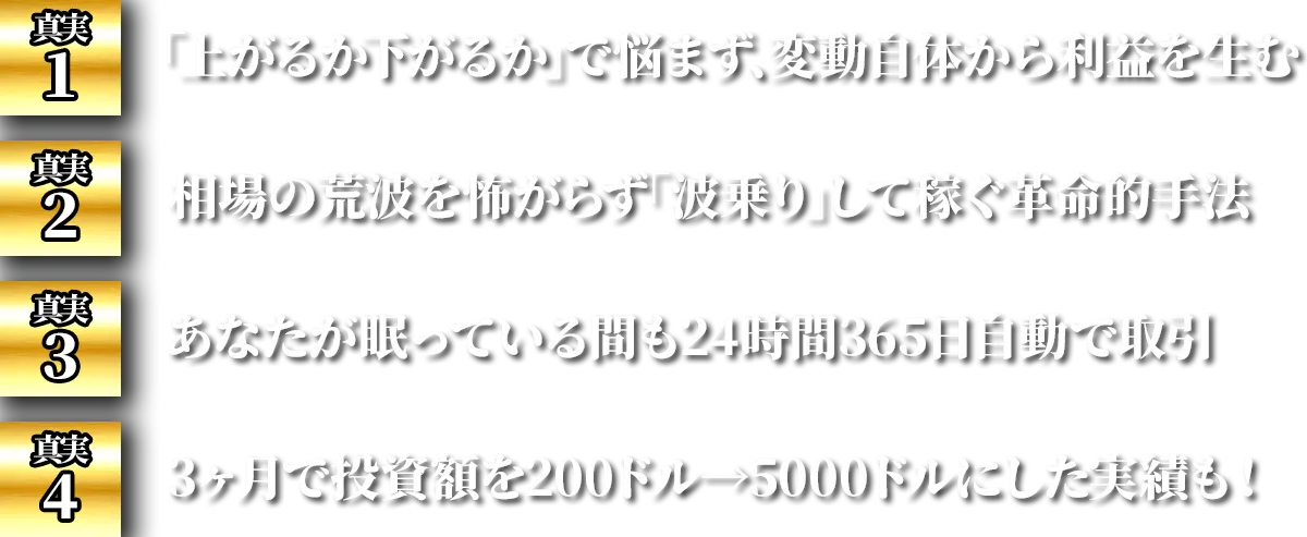 真実1 「上がるか下がるか」で悩まず、変動自体から利益を生む 真実2 相場の荒波を怖がらず「波乗り」して稼ぐ革命的手法 真実3 あなたが眠っている間も24時間365日自動で取引 真実4 3ヶ月で投資額を200ドル→5000ドルにした実績も!